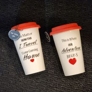 2 Durable Porcelain White, Red & Black Travel Mugs with Inspirational Text